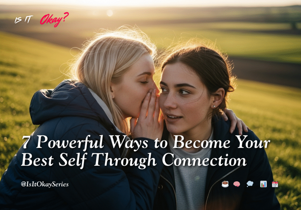 “Relationships fuel growth — two friends supporting each other during sunset in a realistic cinematic scene”