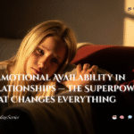 Emotional availability in relationships — woman listening with openness and vulnerability in warm golden-hour light